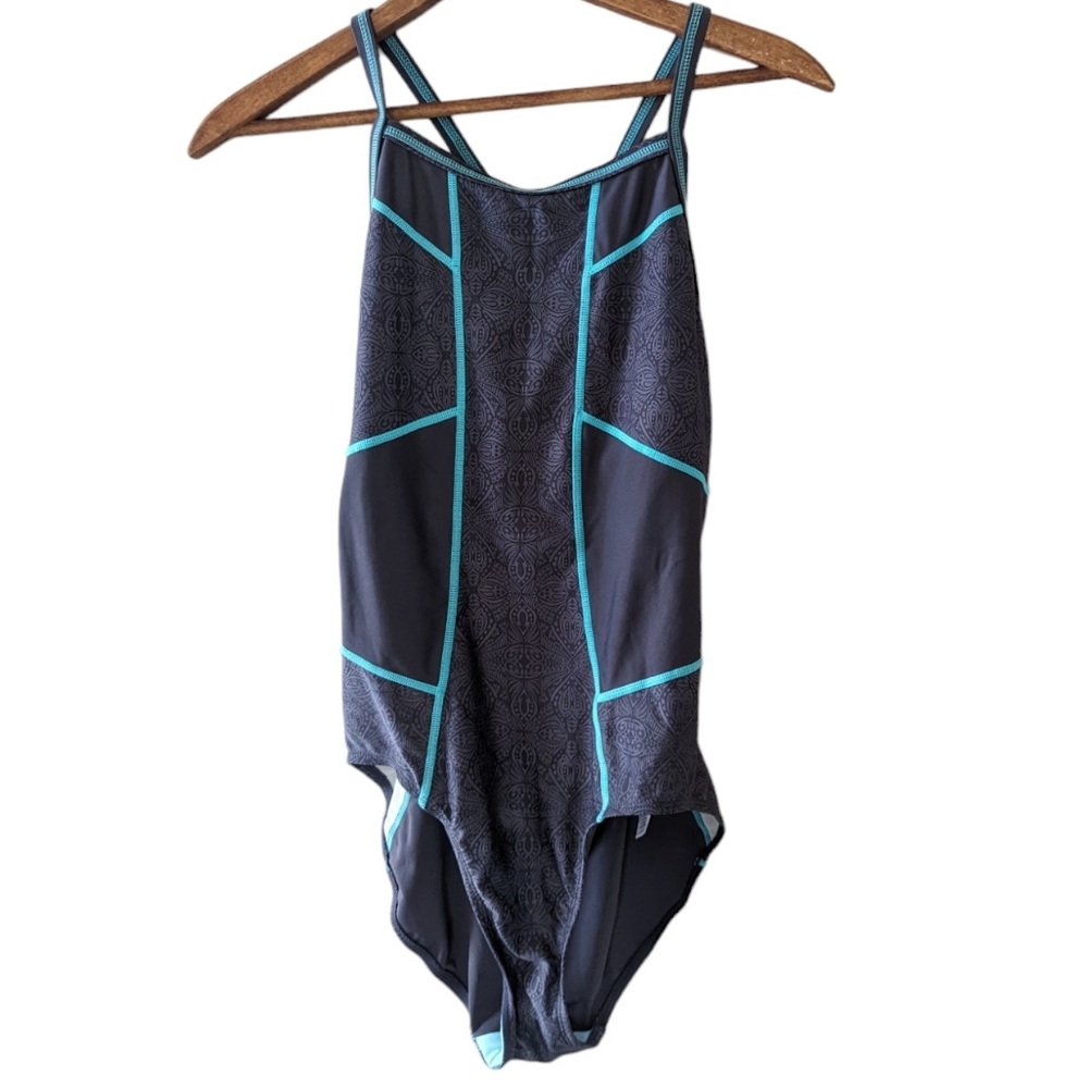 Athleta One Piece Plunge Back Medium Gray Green Strappy Swimsuit Athletic Womens